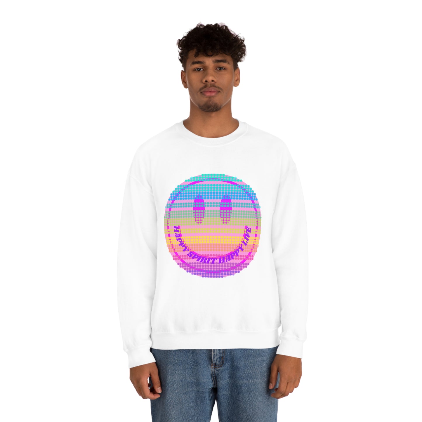 Happy Spirit Happy Life Sweatshirt, VSCO Girl Crewneck, Oversized Retro Font Graphic Tumblr, Front Print Smile Face Trendy Cover Up