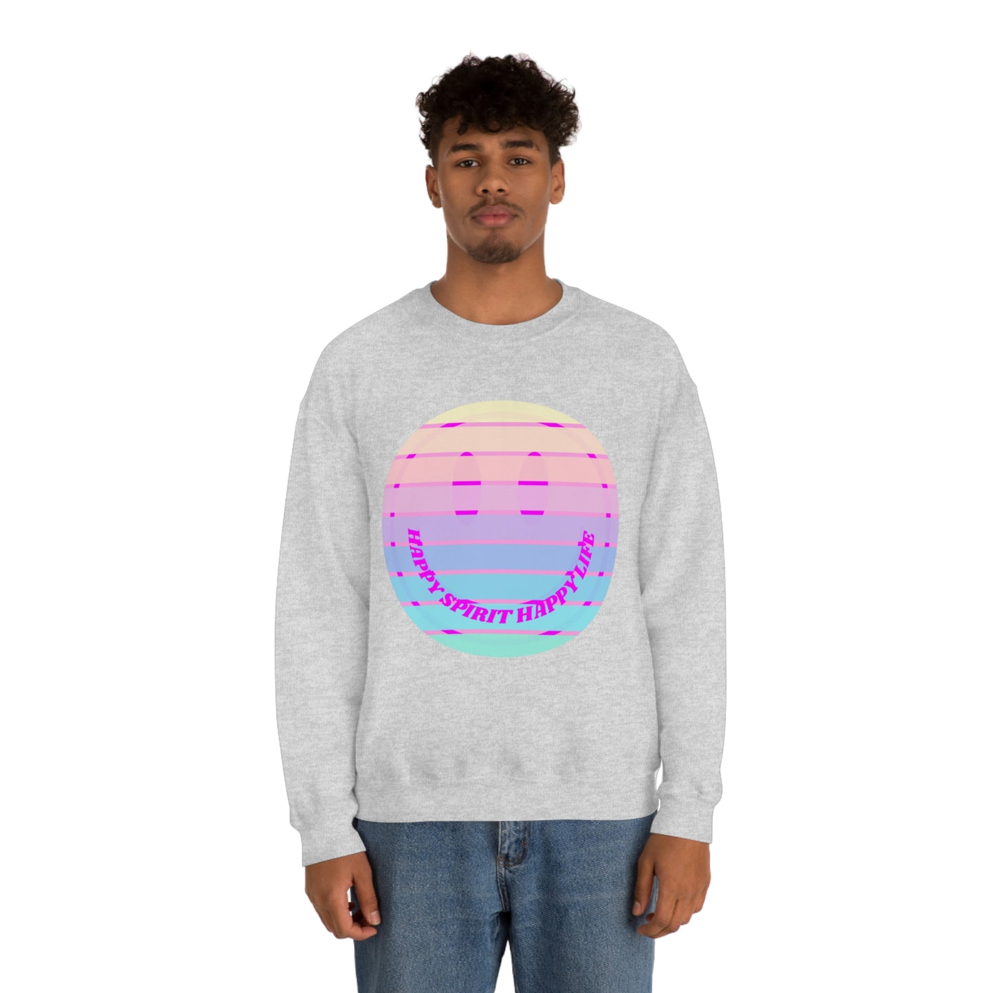 Happy Spirit Happy Life Sweatshirt, VSCO Girl Crewneck, Oversized Retro Font Graphic Tumblr, Front Print Smile Face Trendy Cover Up