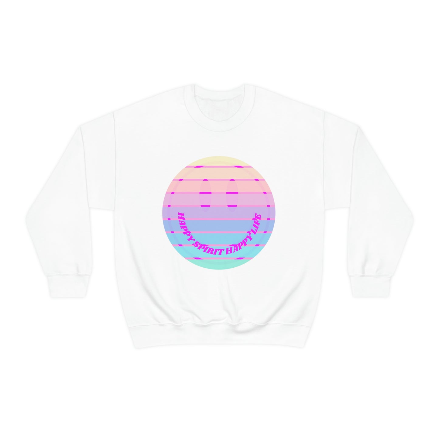 Happy Spirit Happy Life Sweatshirt, VSCO Girl Crewneck, Oversized Retro Font Graphic Tumblr, Front Print Smile Face Trendy Cover Up