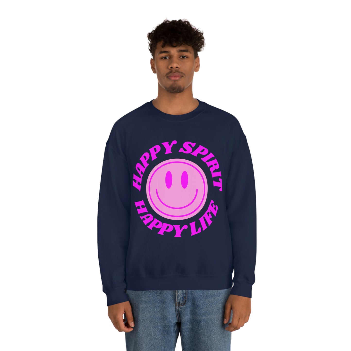 Happy Spirit Happy Life Sweatshirt, VSCO Girl Crewneck, Oversized Retro Font Graphic Tumblr, Front Print Smile Face Trendy Cover Up