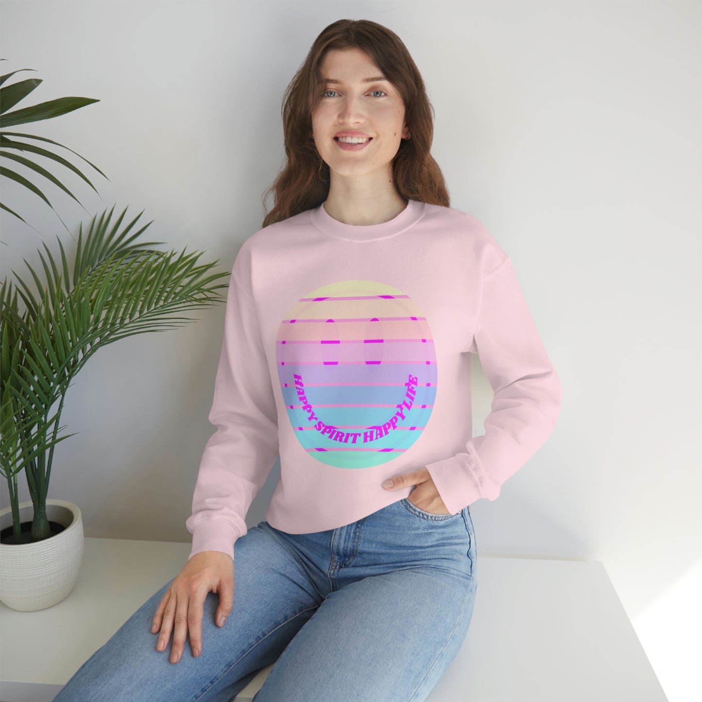 Happy Spirit Happy Life Sweatshirt, VSCO Girl Crewneck, Oversized Retro Font Graphic Tumblr, Front Print Smile Face Trendy Cover Up
