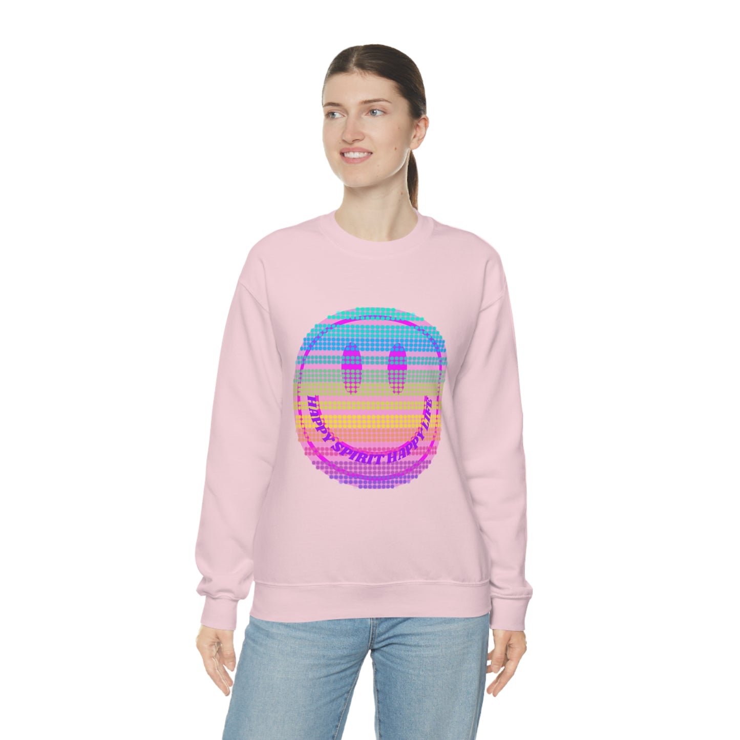 Happy Spirit Happy Life Sweatshirt, VSCO Girl Crewneck, Oversized Retro Font Graphic Tumblr, Front Print Smile Face Trendy Cover Up