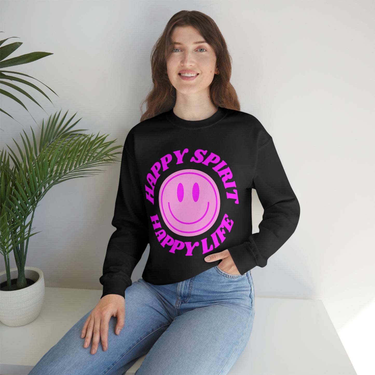Happy Spirit Happy Life Sweatshirt, VSCO Girl Crewneck, Oversized Retro Font Graphic Tumblr, Front Print Smile Face Trendy Cover Up