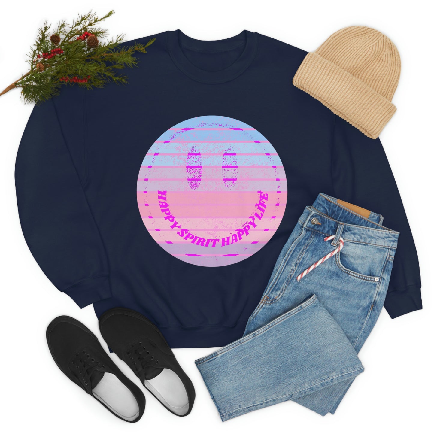 Happy Spirit Happy Life Sweatshirt, VSCO Girl Crewneck, Oversized Retro Font Graphic Tumblr, Front Print Smile Face Trendy Cover Up