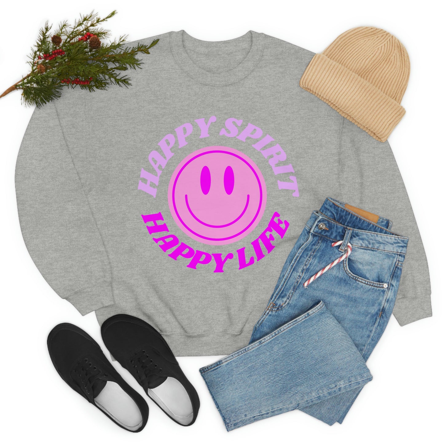 Happy Spirit Happy Life Sweatshirt, VSCO Girl Crewneck, Oversized Retro Font Graphic Tumblr, Front Print Smile Face Trendy Cover Up