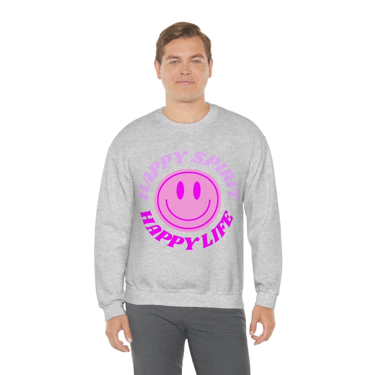 Happy Spirit Happy Life Sweatshirt, VSCO Girl Crewneck, Oversized Retro Font Graphic Tumblr, Front Print Smile Face Trendy Cover Up