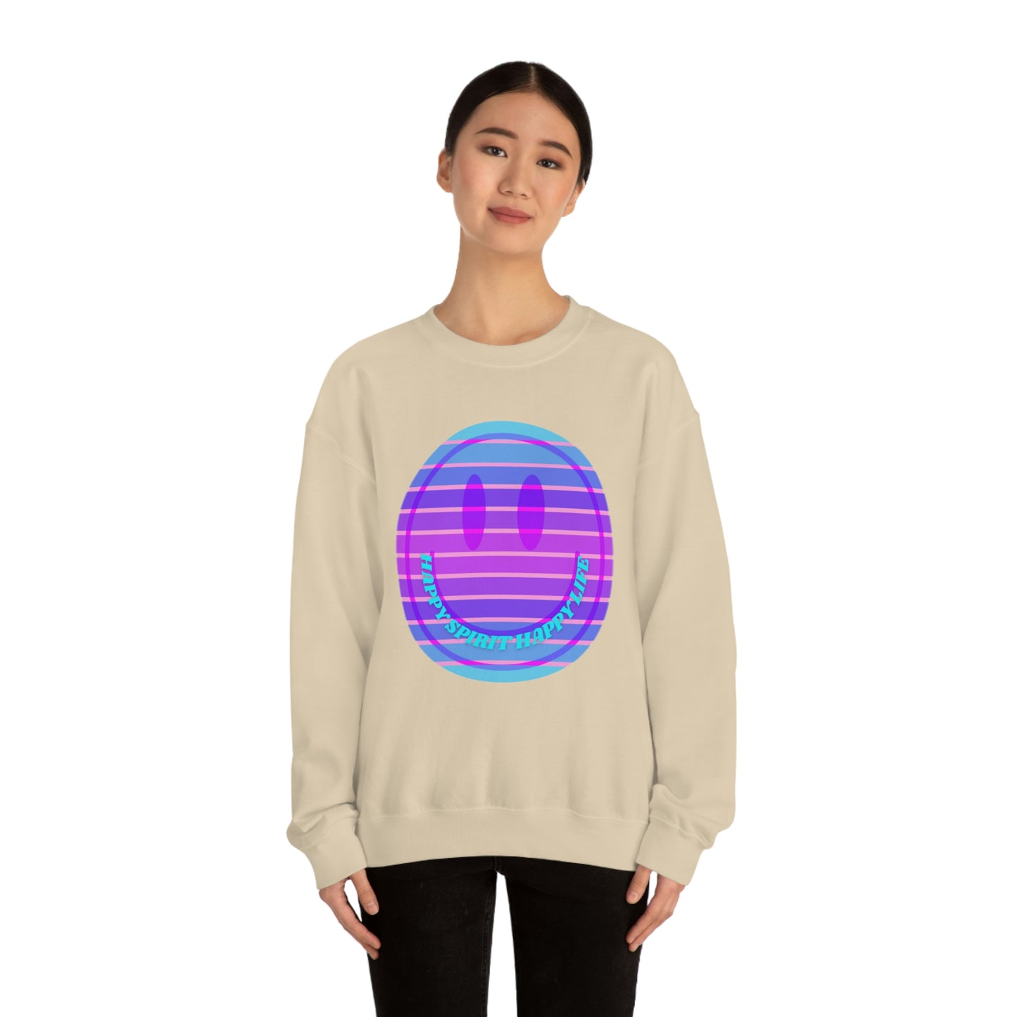Happy Spirit Happy Life Sweatshirt, VSCO Girl Crewneck, Oversized Retro Font Graphic Tumblr, Front Print Smile Face Trendy Cover Up