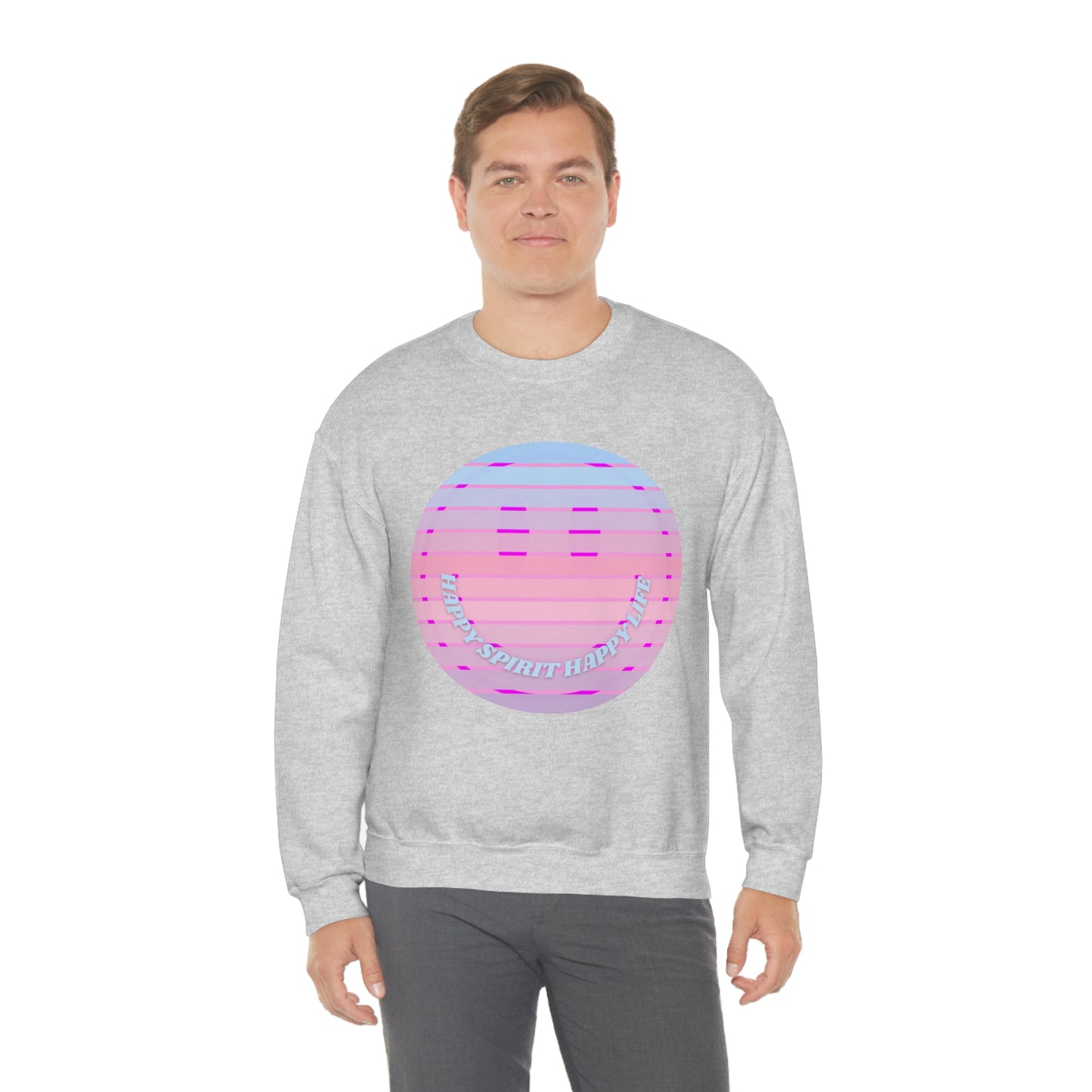 Happy Spirit Happy Life Sweatshirt, VSCO Girl Crewneck, Oversized Retro Font Graphic Tumblr, Front Print Smile Face Trendy Cover Up