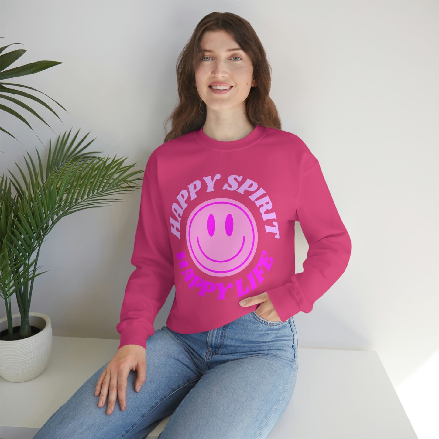 Happy Spirit Happy Life Sweatshirt, VSCO Girl Crewneck, Oversized Retro Font Graphic Tumblr, Front Print Smile Face Trendy Cover Up