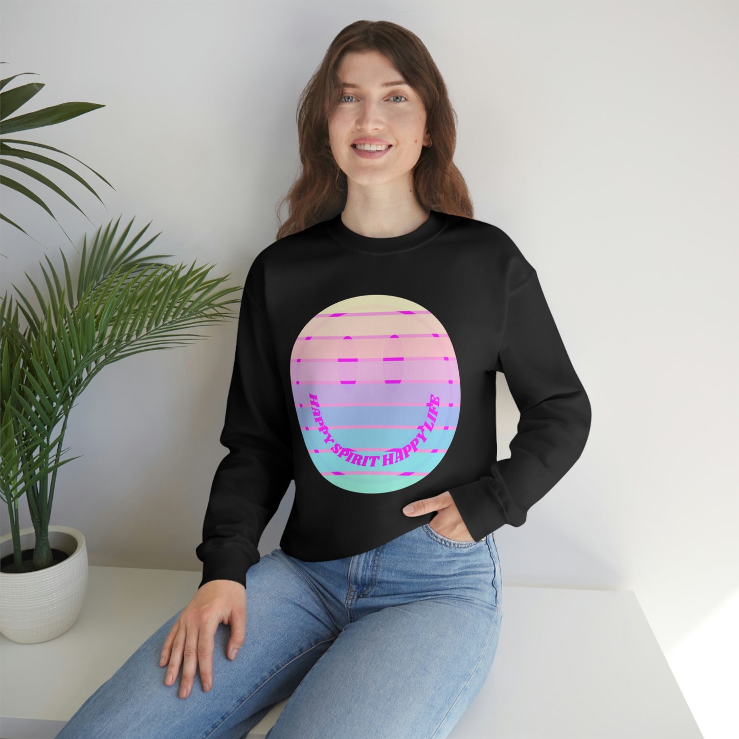 Happy Spirit Happy Life Sweatshirt, VSCO Girl Crewneck, Oversized Retro Font Graphic Tumblr, Front Print Smile Face Trendy Cover Up