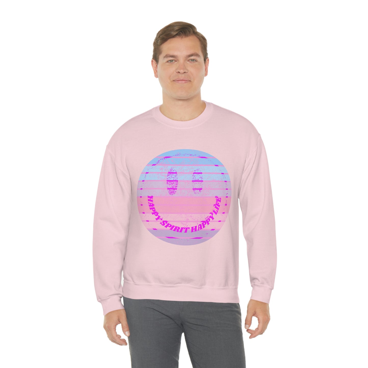 Happy Spirit Happy Life Sweatshirt, VSCO Girl Crewneck, Oversized Retro Font Graphic Tumblr, Front Print Smile Face Trendy Cover Up