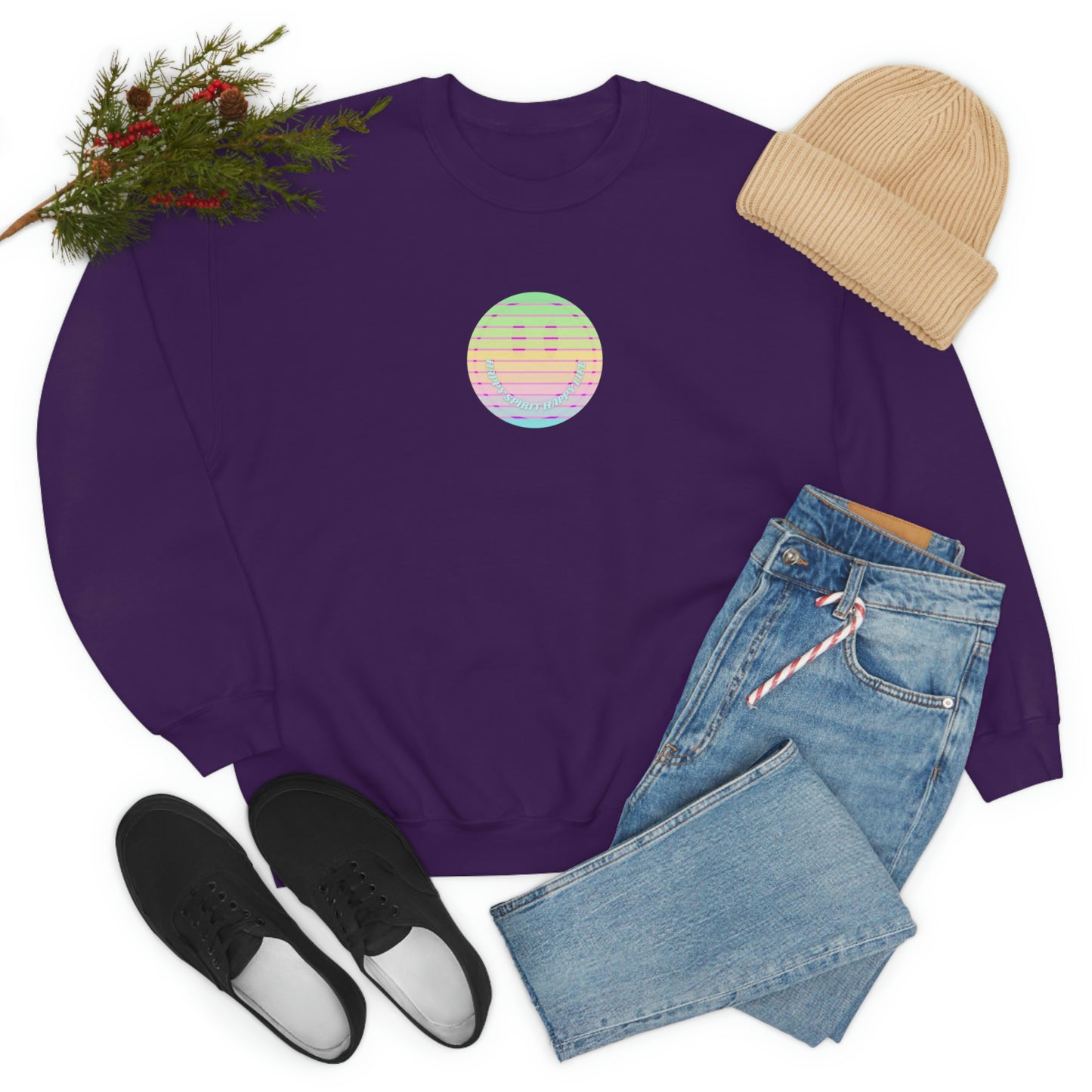 Happy Spirit Happy Life Sweatshirt, VSCO Girl Crewneck, Oversized Retro Font Graphic Tumblr, Front Print Smile Face Trendy Cover Up