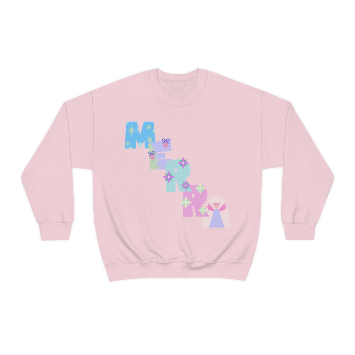 Pastel Christmas Sweatshirt, Holiday VSCO Girl Crewneck, Oversized Xmas Tumblr Sweater, Pastel Playful Letter Print Merry Trendy Sweatshirt