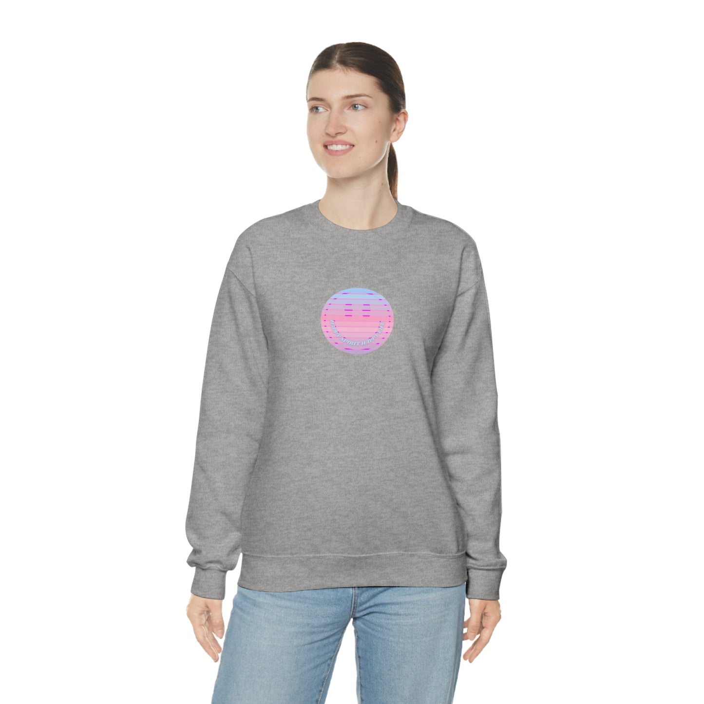 Happy Spirit Happy Life Sweatshirt, VSCO Girl Crewneck, Oversized Retro Font Graphic Tumblr, Front Print Smile Face Trendy Cover Up