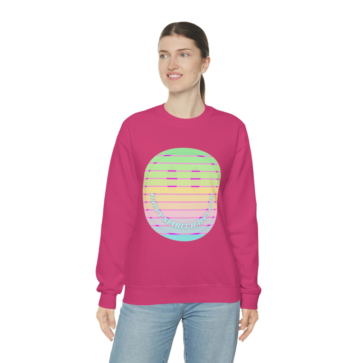 Happy Spirit Happy Life Sweatshirt, VSCO Girl Crewneck, Oversized Retro Font Graphic Tumblr, Front Print Smile Face Trendy Cover Up