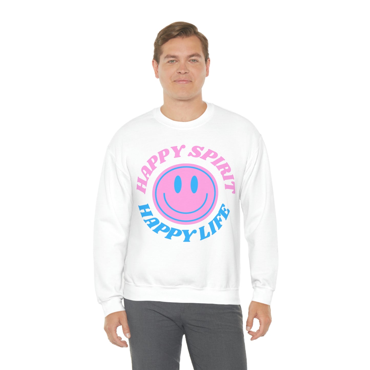 Happy Spirit Happy Life Sweatshirt, VSCO Girl Crewneck, Oversized Retro Font Graphic Tumblr, Front Print Smile Face Trendy Cover Up