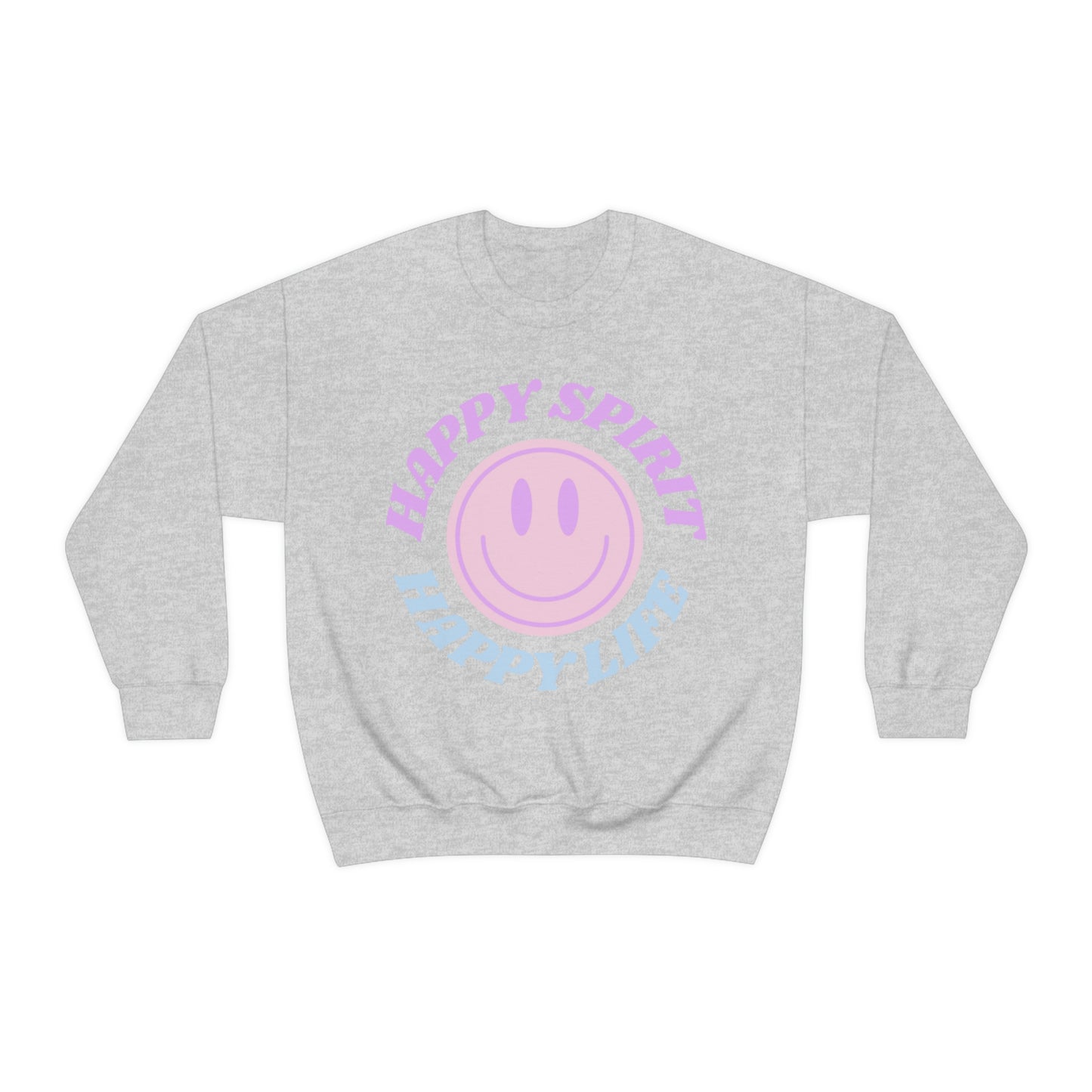 Happy Spirit Happy Life Sweatshirt, VSCO Girl Crewneck, Oversized Retro Font Graphic Tumblr, Front Print Smile Face Trendy Cover Up