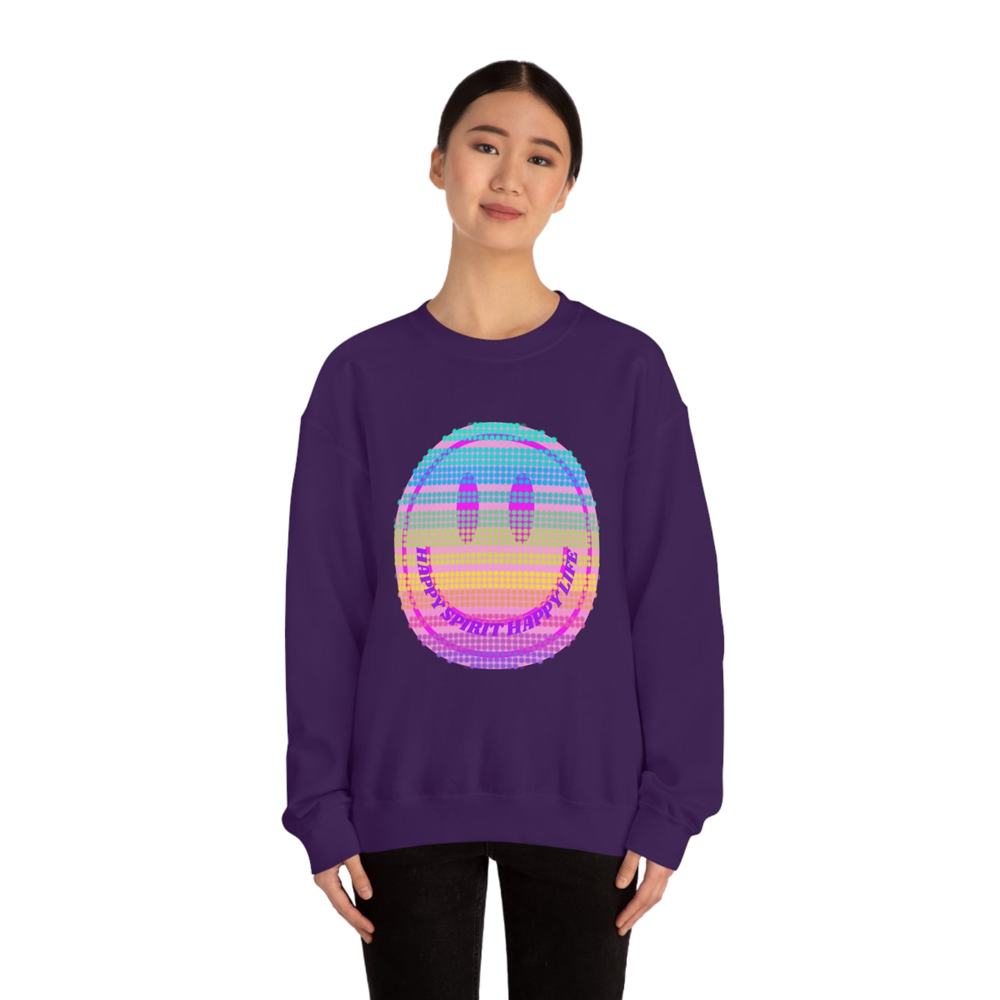 Happy Spirit Happy Life Sweatshirt, VSCO Girl Crewneck, Oversized Retro Font Graphic Tumblr, Front Print Smile Face Trendy Cover Up