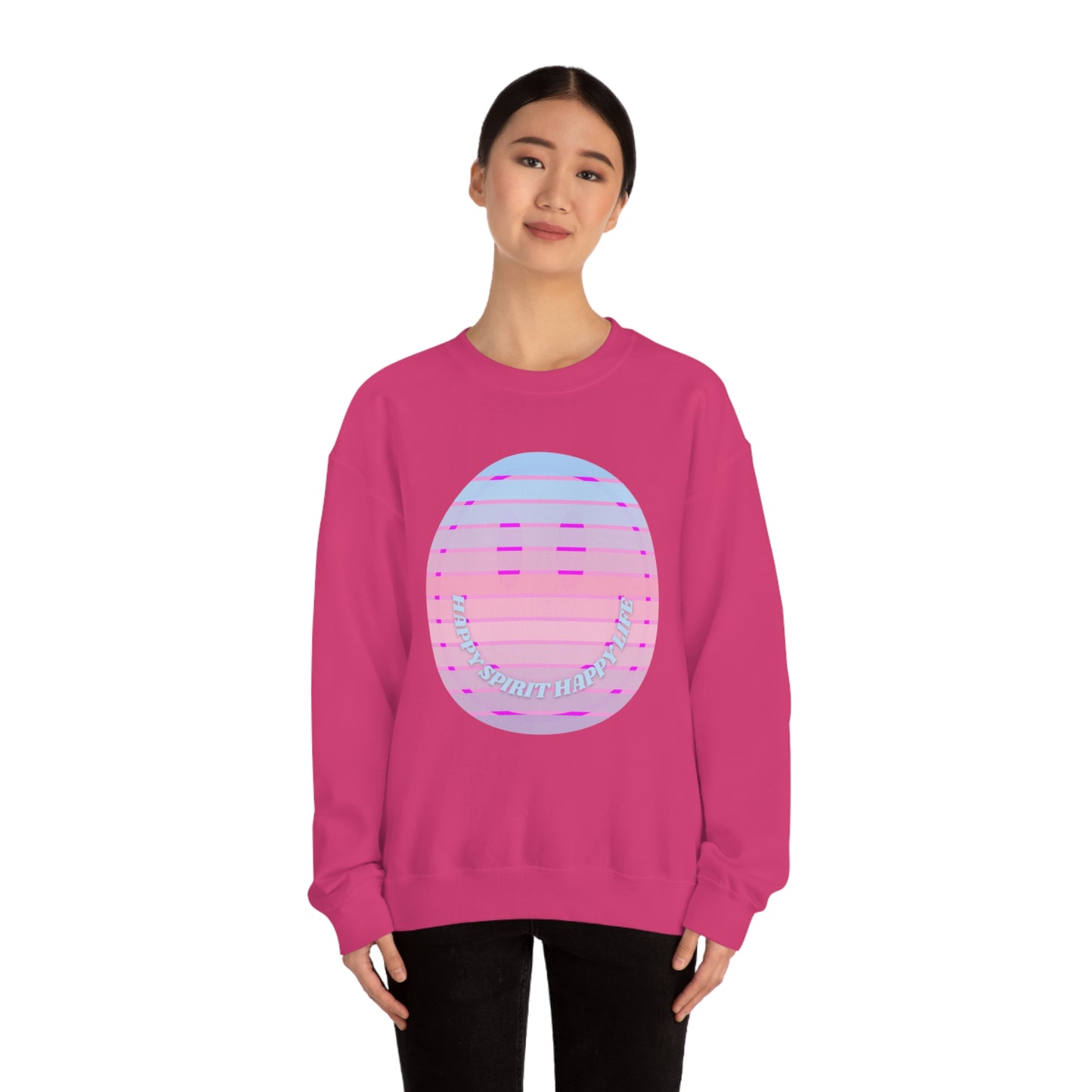 Happy Spirit Happy Life Sweatshirt, VSCO Girl Crewneck, Oversized Retro Font Graphic Tumblr, Front Print Smile Face Trendy Cover Up