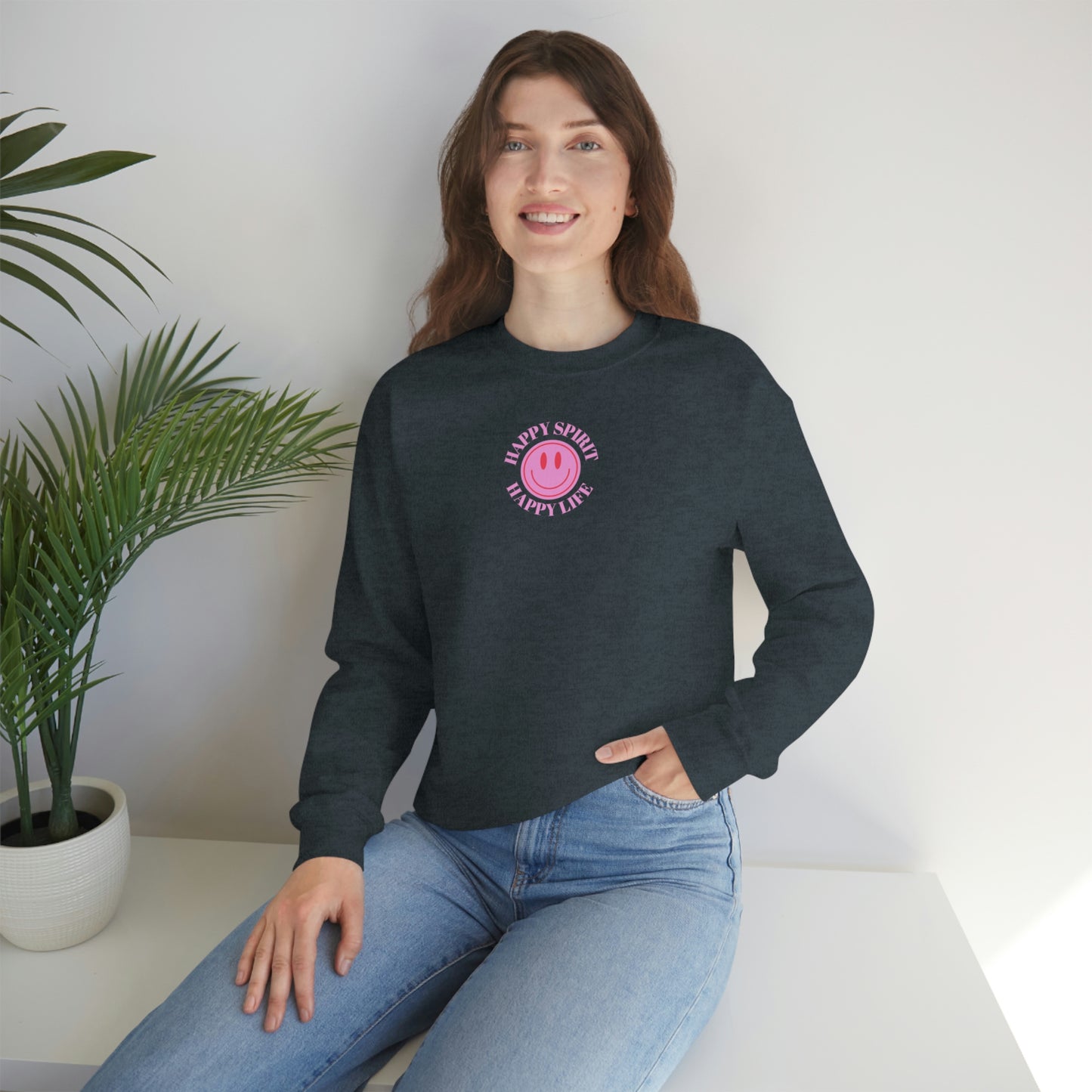 Happy Spirit Happy Life Sweatshirt, Gildan VSCO Girl Crewneck, Oversized Tumblr Front Back Print Smile Happy Mind Trendy Loungewear