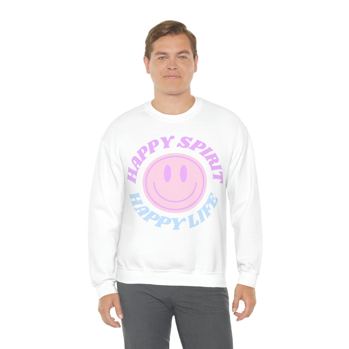 Happy Spirit Happy Life Sweatshirt, VSCO Girl Crewneck, Oversized Retro Font Graphic Tumblr, Front Print Smile Face Trendy Cover Up