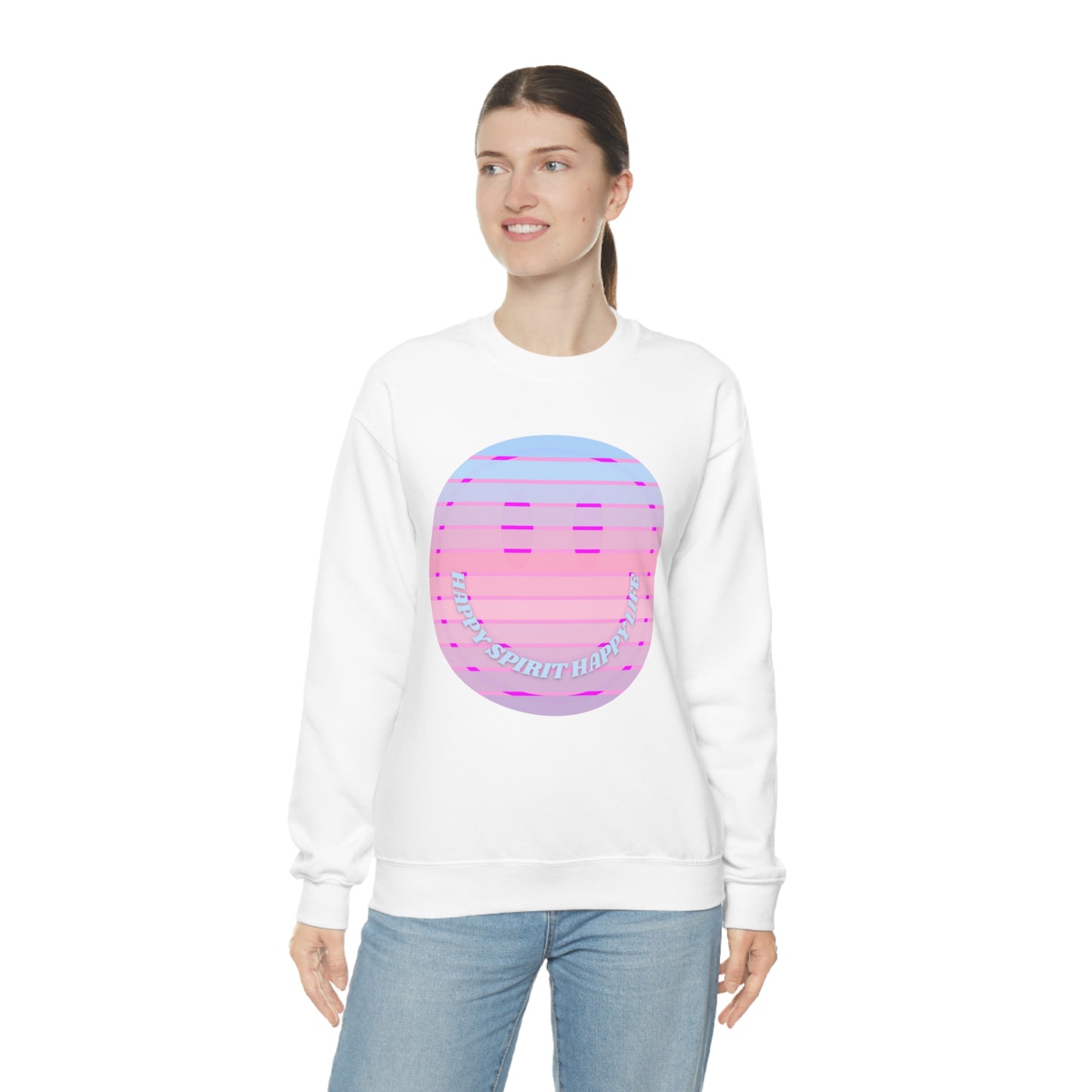 Happy Spirit Happy Life Sweatshirt, VSCO Girl Crewneck, Oversized Retro Font Graphic Tumblr, Front Print Smile Face Trendy Cover Up