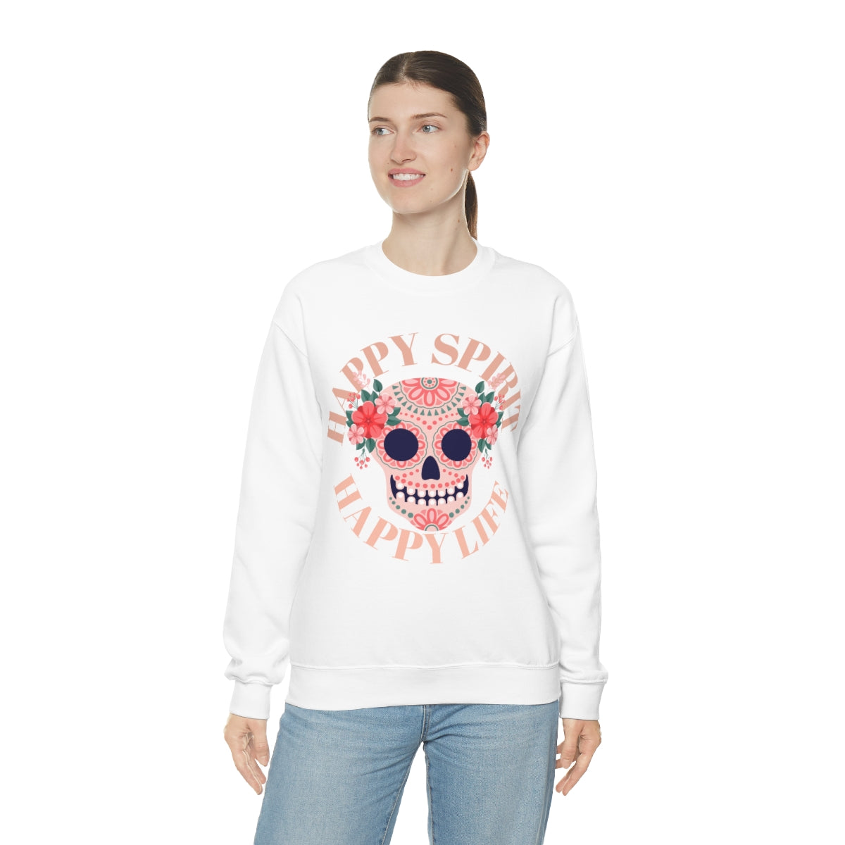 Dia De Los Muertos Crewneck Sweatshirt, Day of the Dead Gift, Happy Spirit Happy Life, Honoring the Dead Aesthetic Candy Skull, Sugar Skull