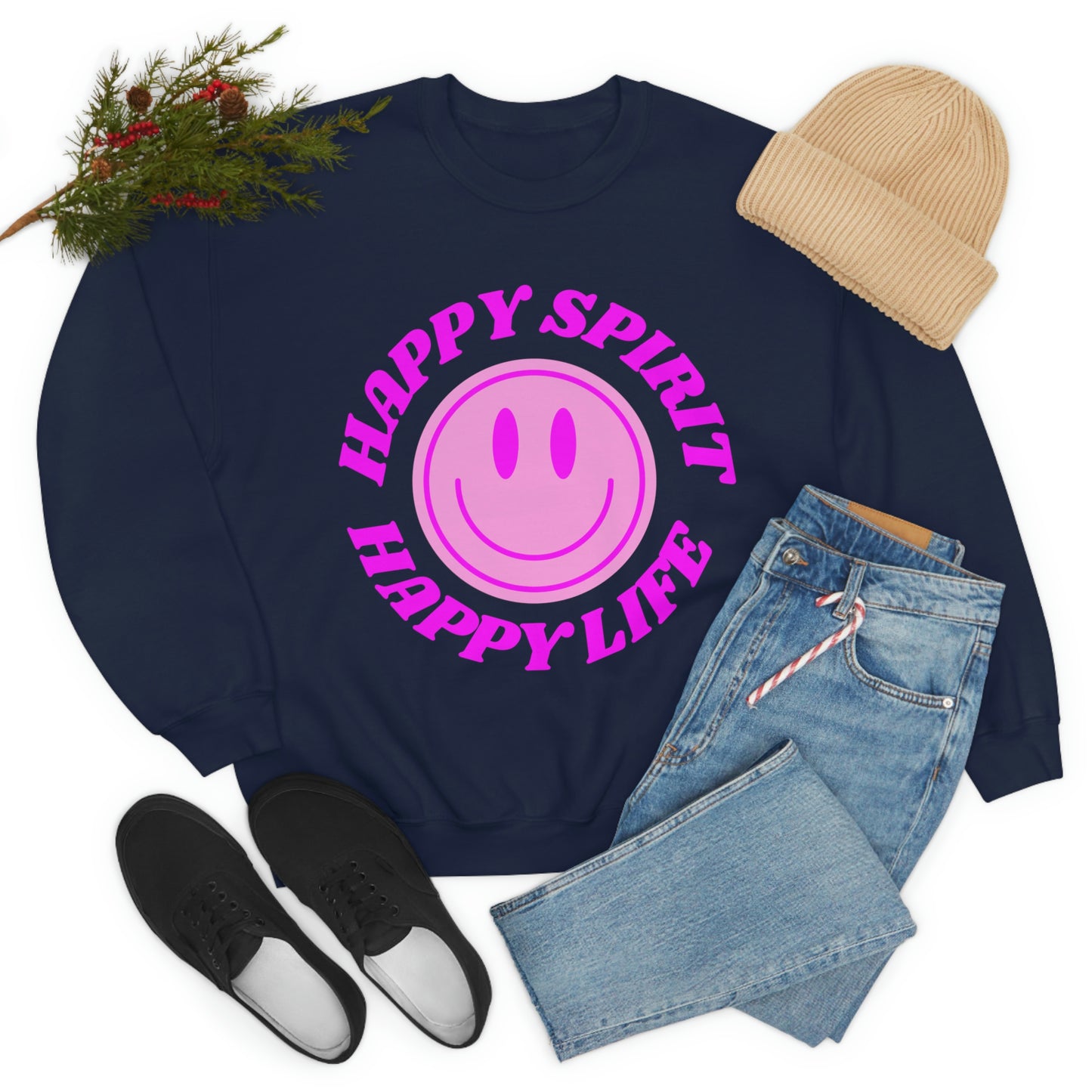 Happy Spirit Happy Life Sweatshirt, VSCO Girl Crewneck, Oversized Retro Font Graphic Tumblr, Front Print Smile Face Trendy Cover Up
