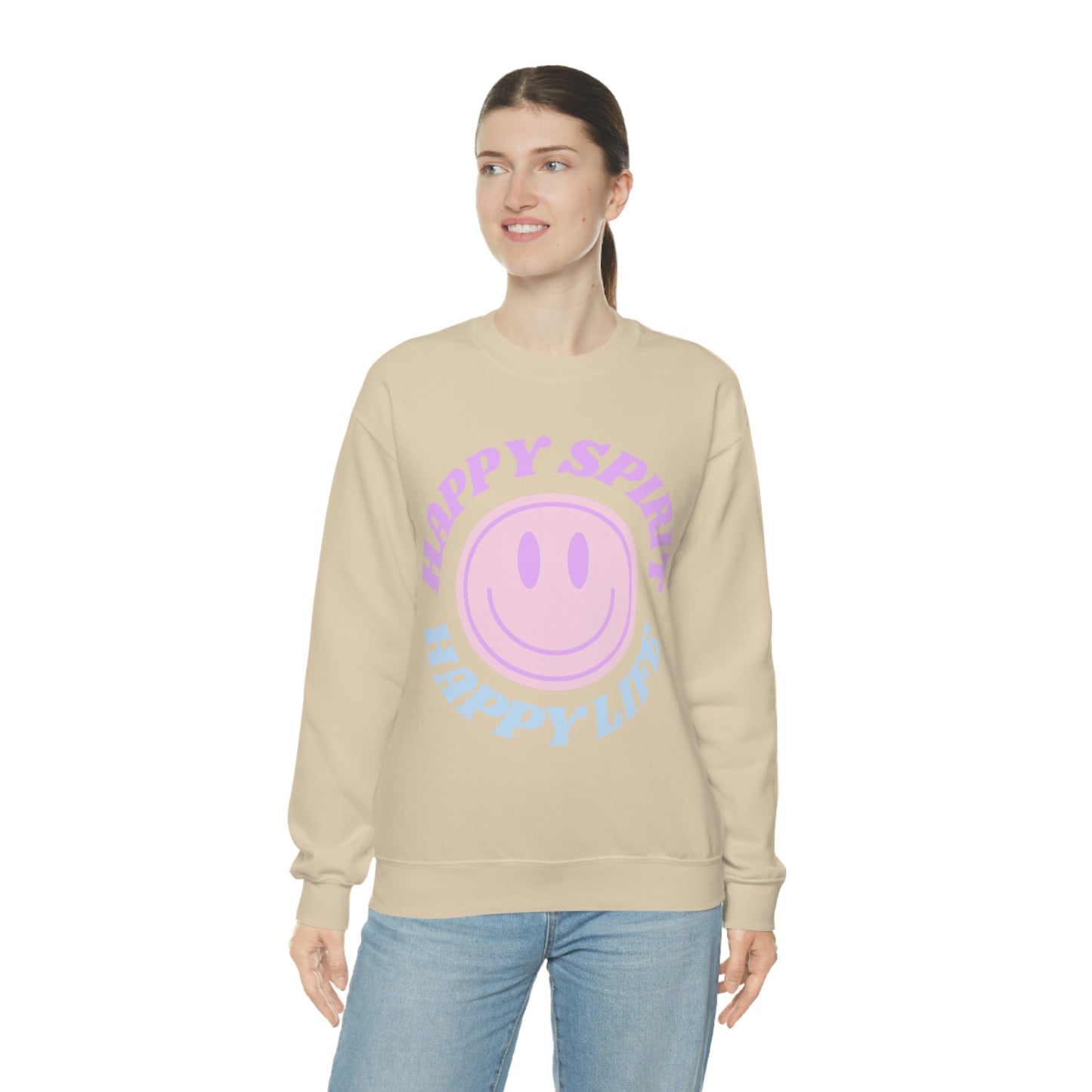 Happy Spirit Happy Life Sweatshirt, VSCO Girl Crewneck, Oversized Retro Font Graphic Tumblr, Front Print Smile Face Trendy Cover Up