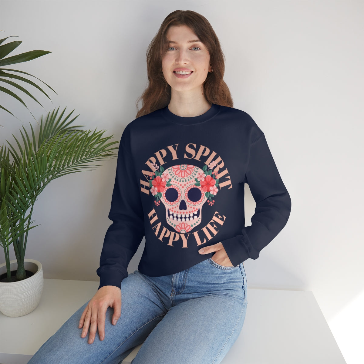 Dia De Los Muertos Crewneck Sweatshirt, Day of the Dead Gift, Happy Spirit Happy Life, Honoring the Dead Aesthetic Candy Skull, Sugar Skull