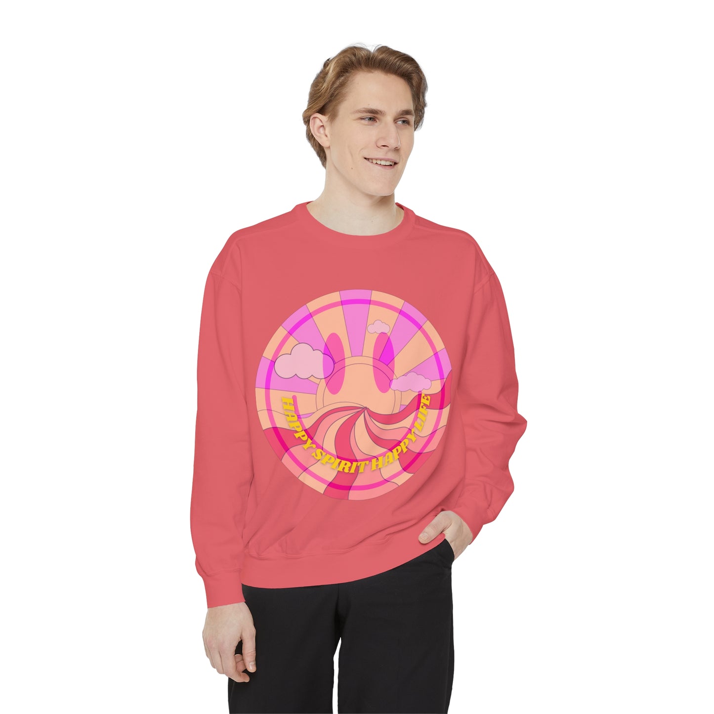 Aesthetic Smile Hoodie, Smile Face Comfort Colors Crewneck, Happy Spirit Happy Life Sunset Smile Sweatshirt, Unisex Garment-Dyed Sweatshirt