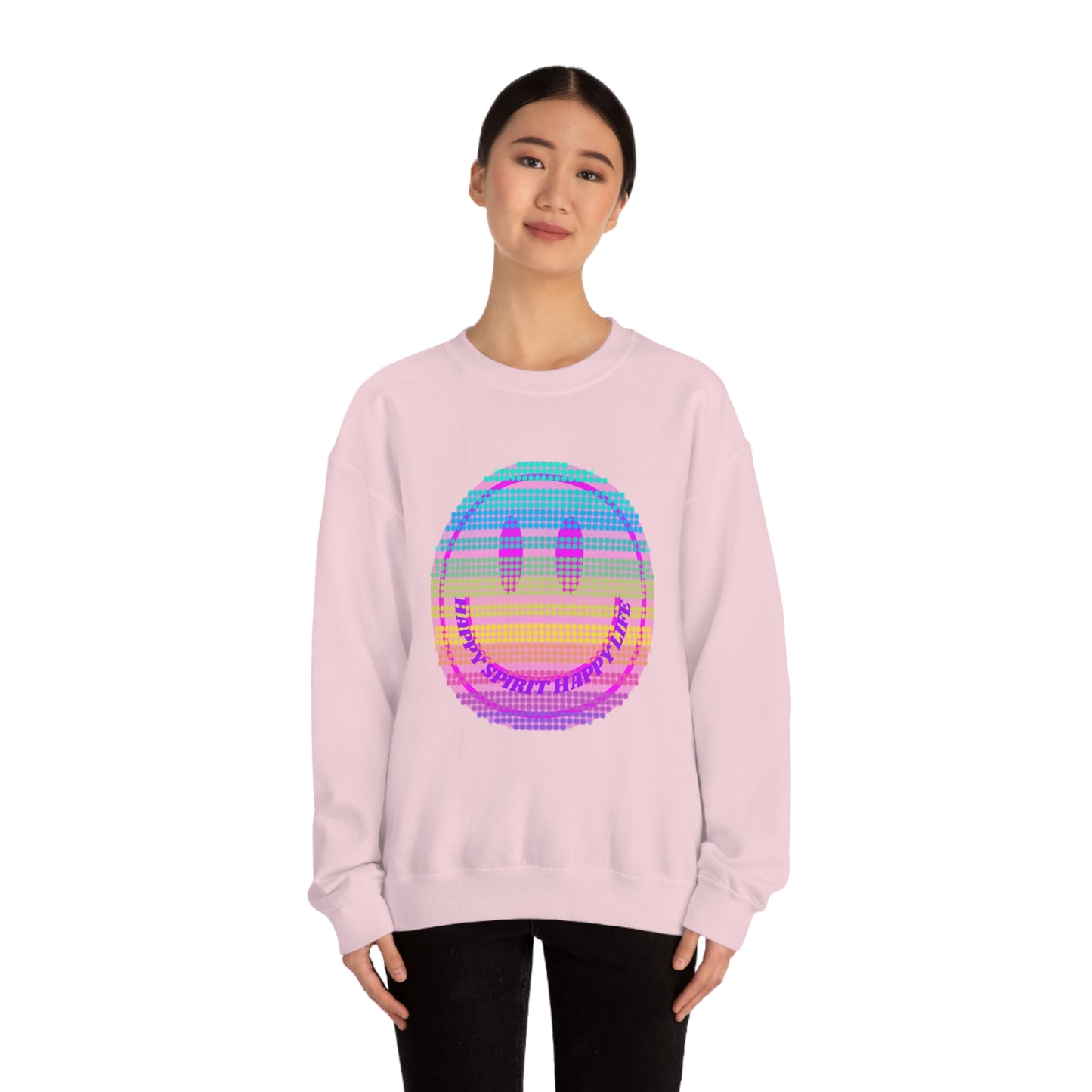 Happy Spirit Happy Life Sweatshirt, VSCO Girl Crewneck, Oversized Retro Font Graphic Tumblr, Front Print Smile Face Trendy Cover Up