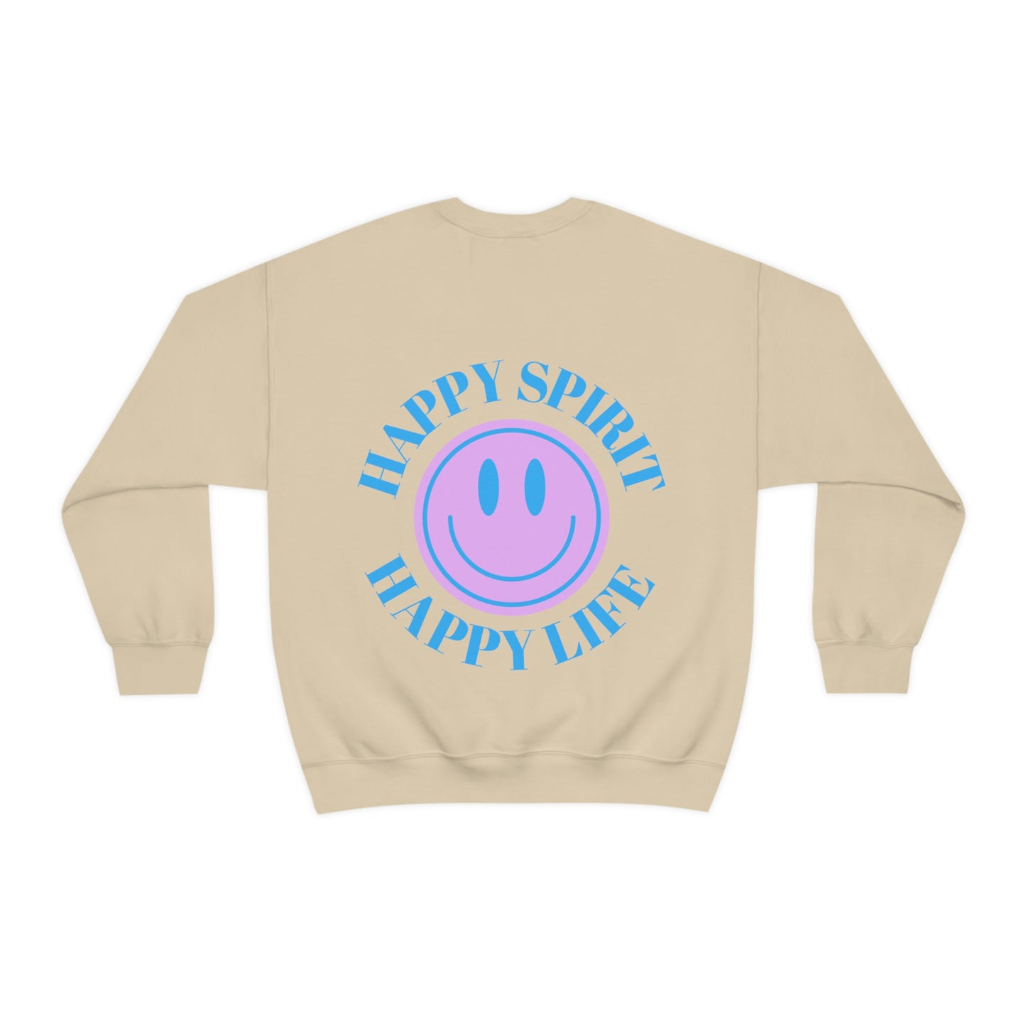 Happy Spirit Happy Life Sweatshirt, Gildan VSCO Girl Crewneck, Oversized Tumblr Front Back Print Smile Happy Mind Trendy Beach Lake Cover Up