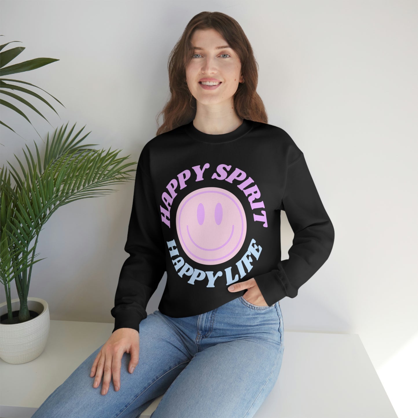 Happy Spirit Happy Life Sweatshirt, VSCO Girl Crewneck, Oversized Retro Font Graphic Tumblr, Front Print Smile Face Trendy Cover Up