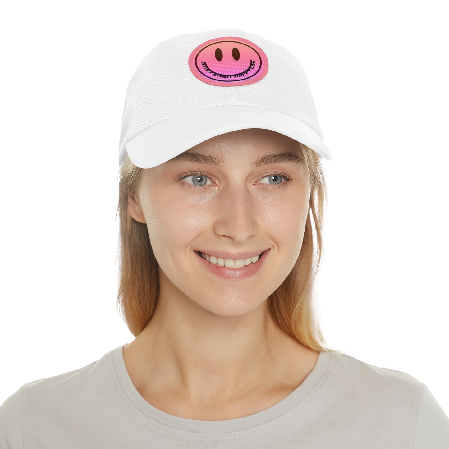 Aesthetic Pink Smile Hat, Pink Twill Dad Hat with Leather Patch (Round), Pink Golf Hat, Pink Twill Cap, Pink Cotton Hat, Pink Baseball Hat