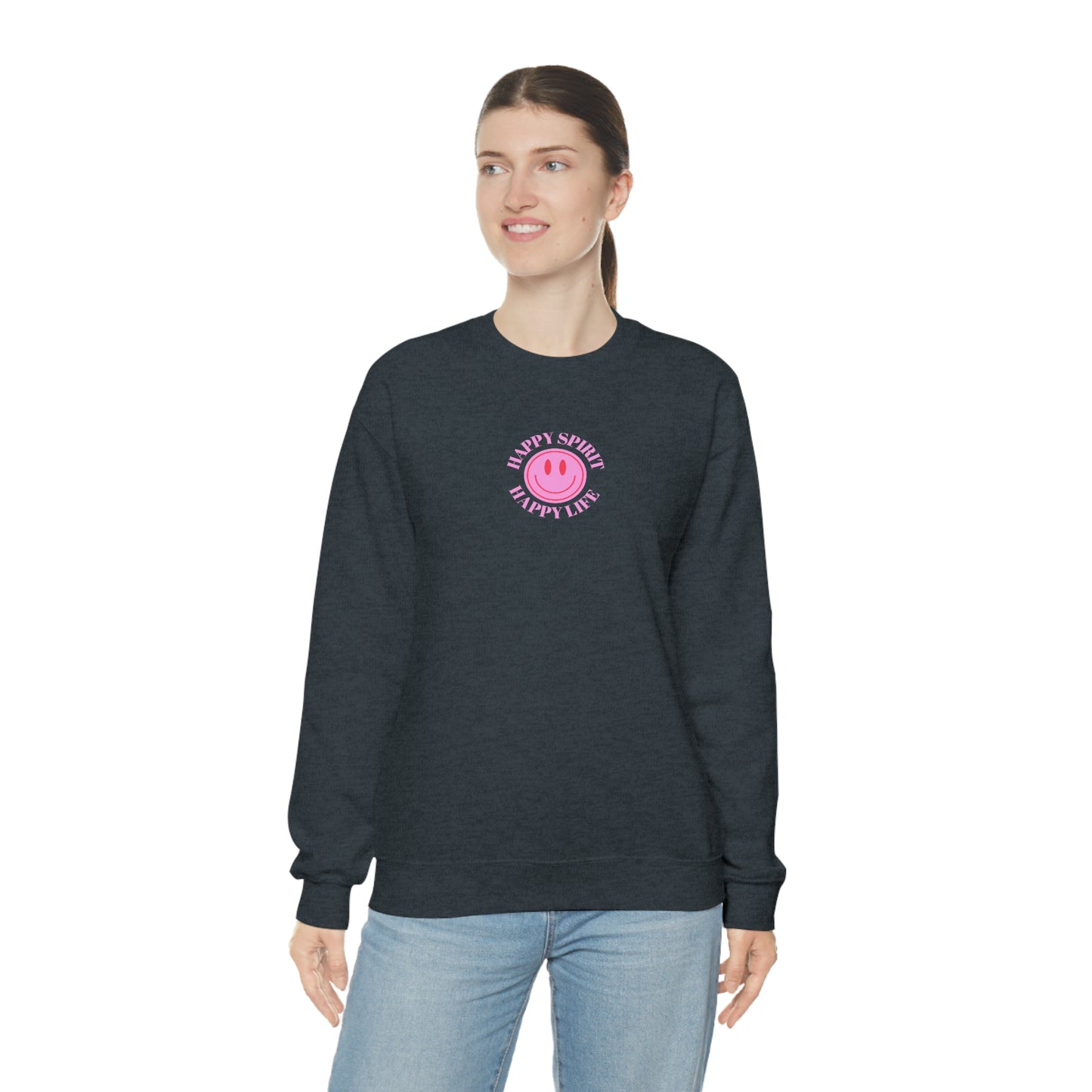 Copy of Happy Spirit Happy Life Sweatshirt, Gildan VSCO Girl Crewneck, Oversized Tumblr Front Back Print Smile Happy Mind Trendy Loungewear