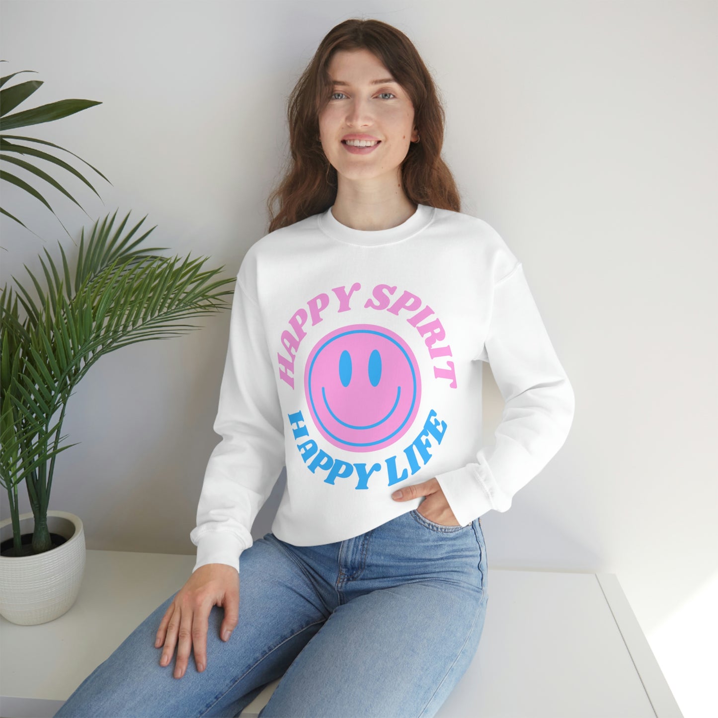 Happy Spirit Happy Life Sweatshirt, VSCO Girl Crewneck, Oversized Retro Font Graphic Tumblr, Front Print Smile Face Trendy Cover Up