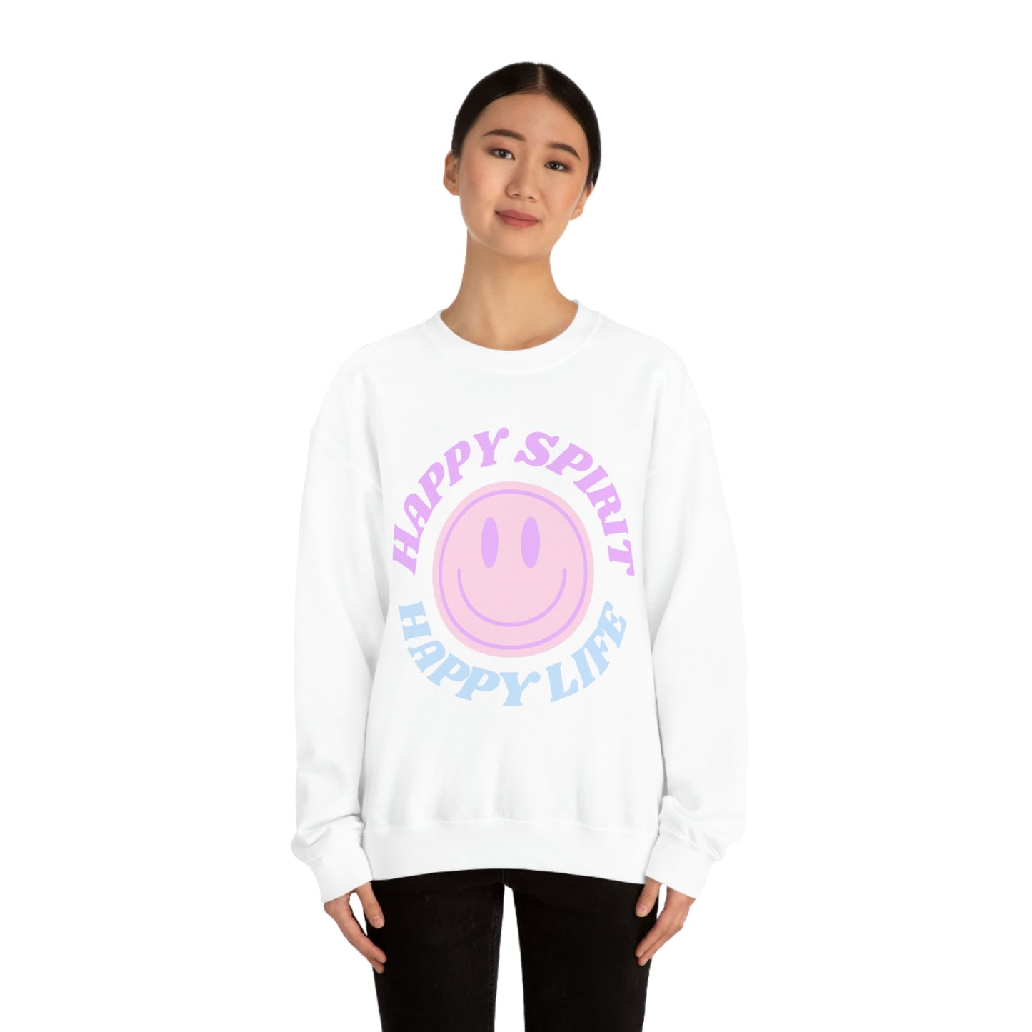 Happy Spirit Happy Life Sweatshirt, VSCO Girl Crewneck, Oversized Retro Font Graphic Tumblr, Front Print Smile Face Trendy Cover Up