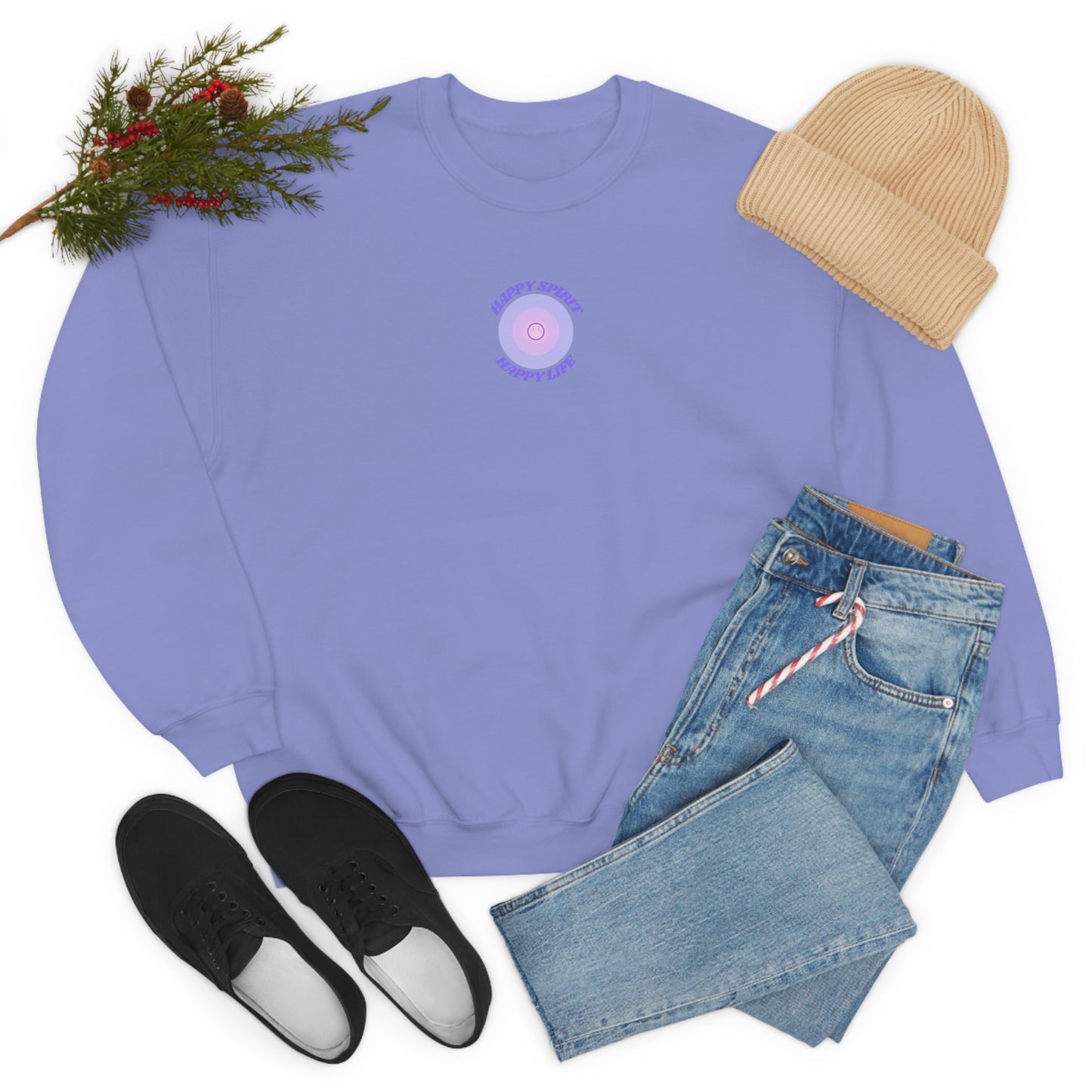 Retro Happy Spirit Happy Life Lavender Lilac Pink Smile Graphic Crewneck, VSCO Girl Sweatshirt, Tumblr Oversized Trendy Back Print Pullover