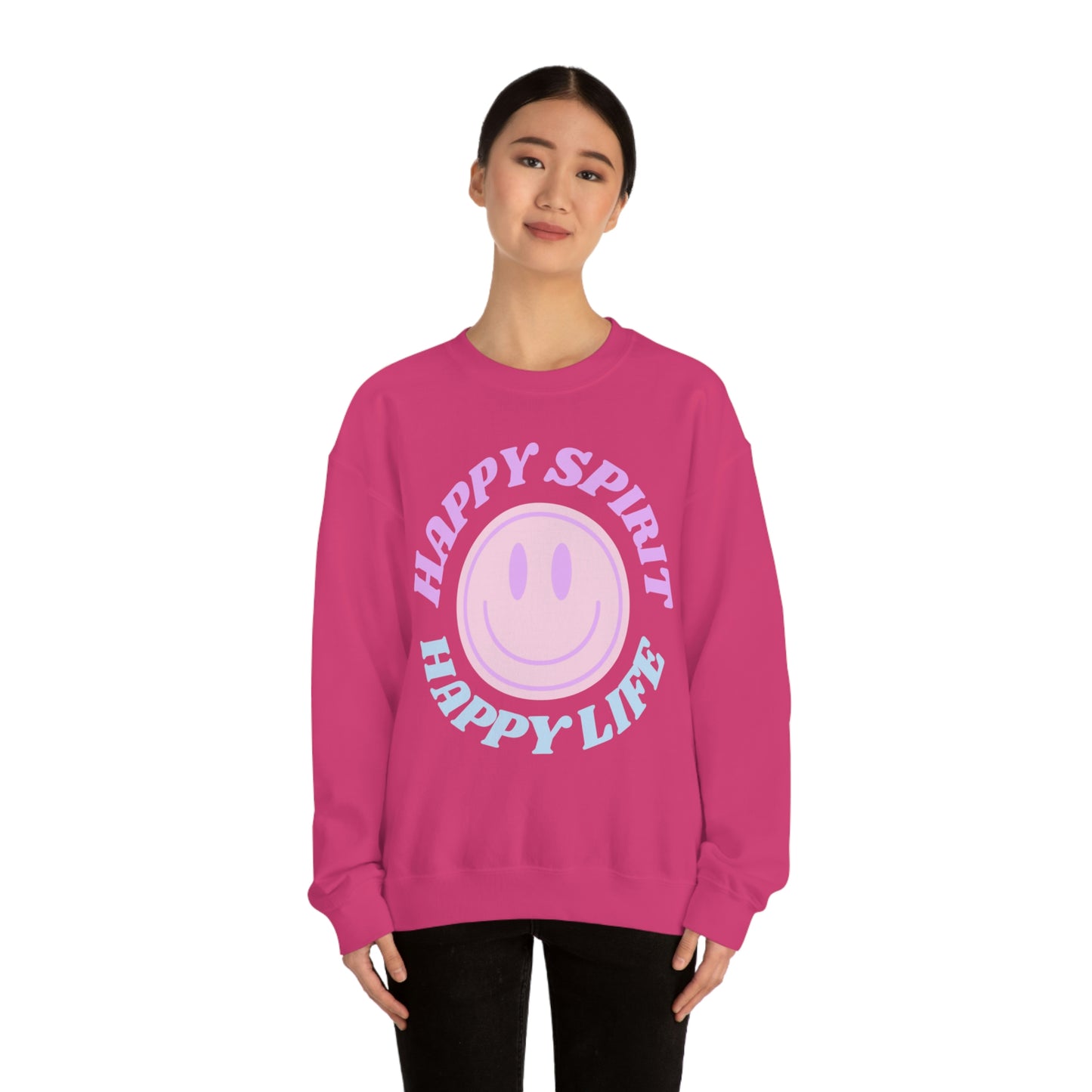 Happy Spirit Happy Life Sweatshirt, VSCO Girl Crewneck, Oversized Retro Font Graphic Tumblr, Front Print Smile Face Trendy Cover Up