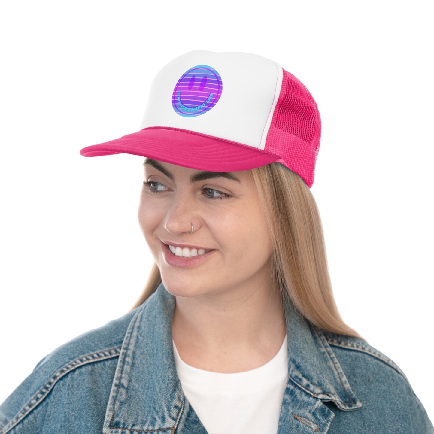 Hat Happy Spirit Happy Life, Aesthetic Sunset Hat, Smile Tumblr Hat, Trendy Trucker Hat, Vsco Girl, Pink Graphic Trucker Hat, Baseball Hat