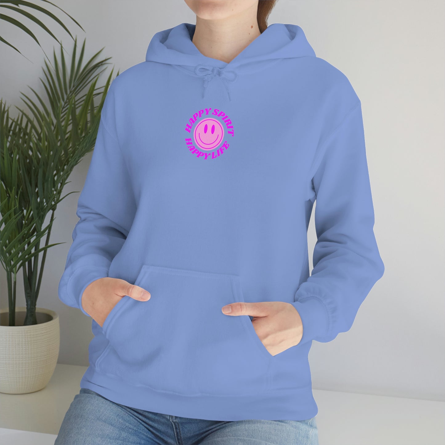 Happy Spirit Happy Life Hoodie Gildan VSCO Girl Sweatshirt, Oversized Tumblr Front Back Print Smile Happy Mind Trendy Retro Font Cover UP