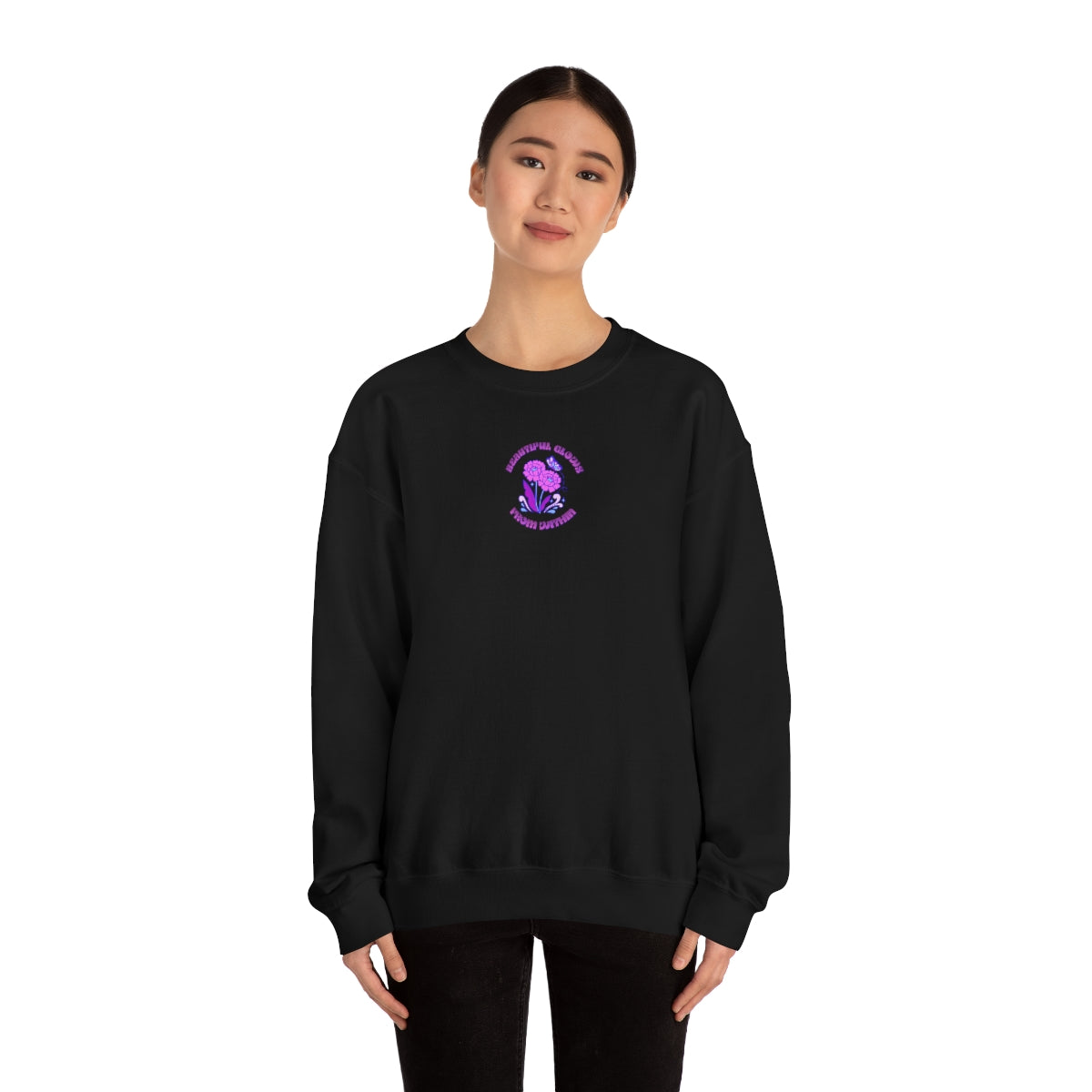 Beautiful Glows from Within Purple Flower Sweatshirt, Oversized Crewneck, Front Back Print Trendy Sweatshirt, Beach Cover Up, Lake Cover Up