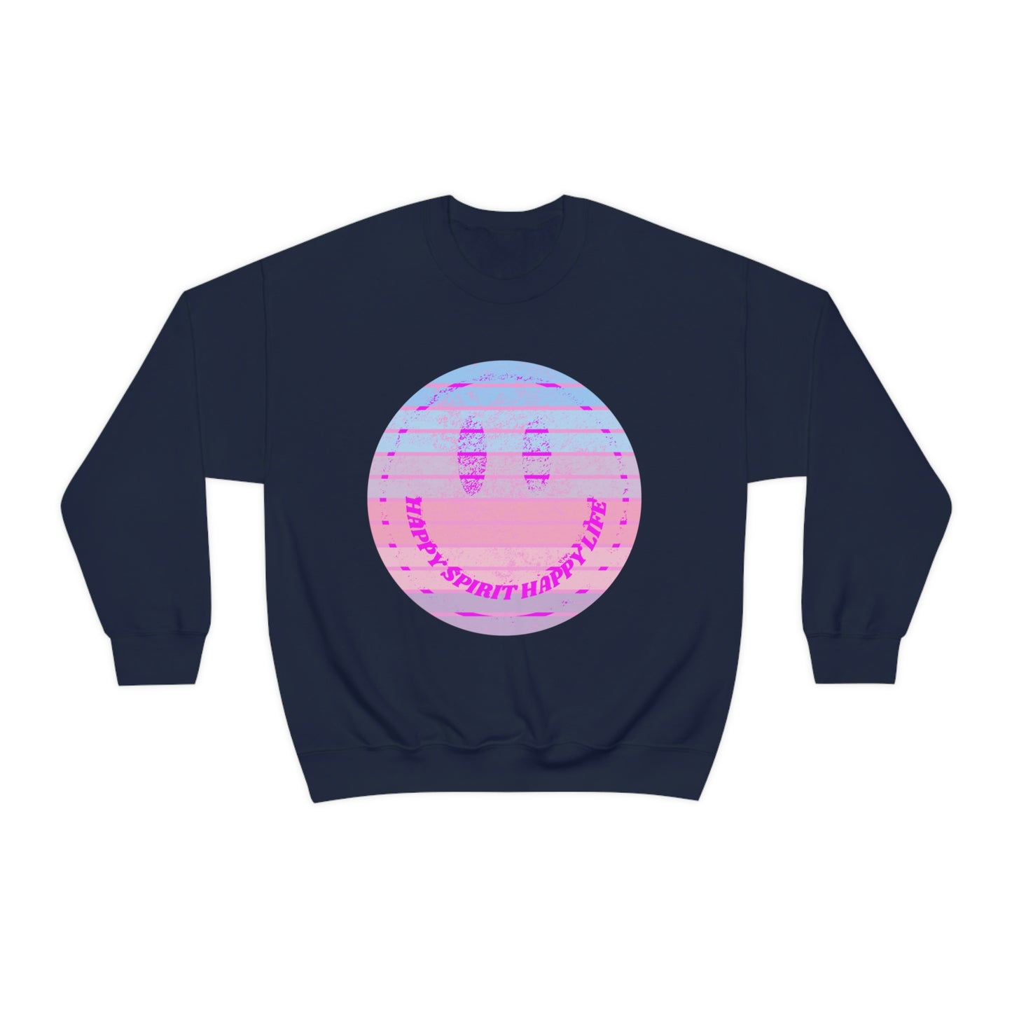 Happy Spirit Happy Life Sweatshirt, VSCO Girl Crewneck, Oversized Retro Font Graphic Tumblr, Front Print Smile Face Trendy Cover Up