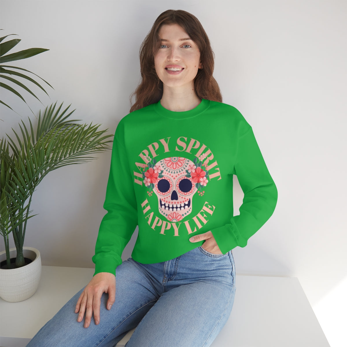 Dia De Los Muertos Crewneck Sweatshirt, Day of the Dead Gift, Happy Spirit Happy Life, Honoring the Dead Aesthetic Candy Skull, Sugar Skull