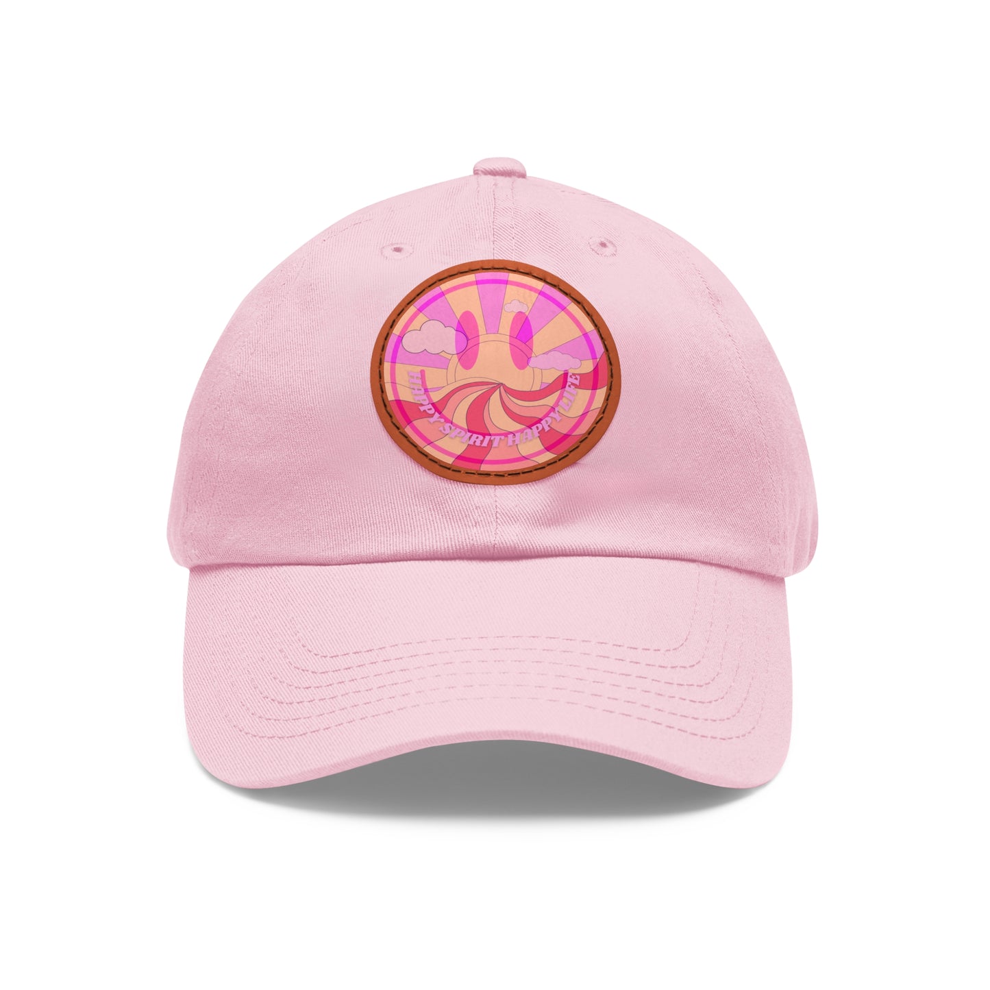 Aesthetic Pink Smile Hat, Pink Twill Dad Hat with Leather Patch (Round), Pink Golf Hat, Pink Twill Cap, Pink Cotton Hat, Pink Baseball Hat