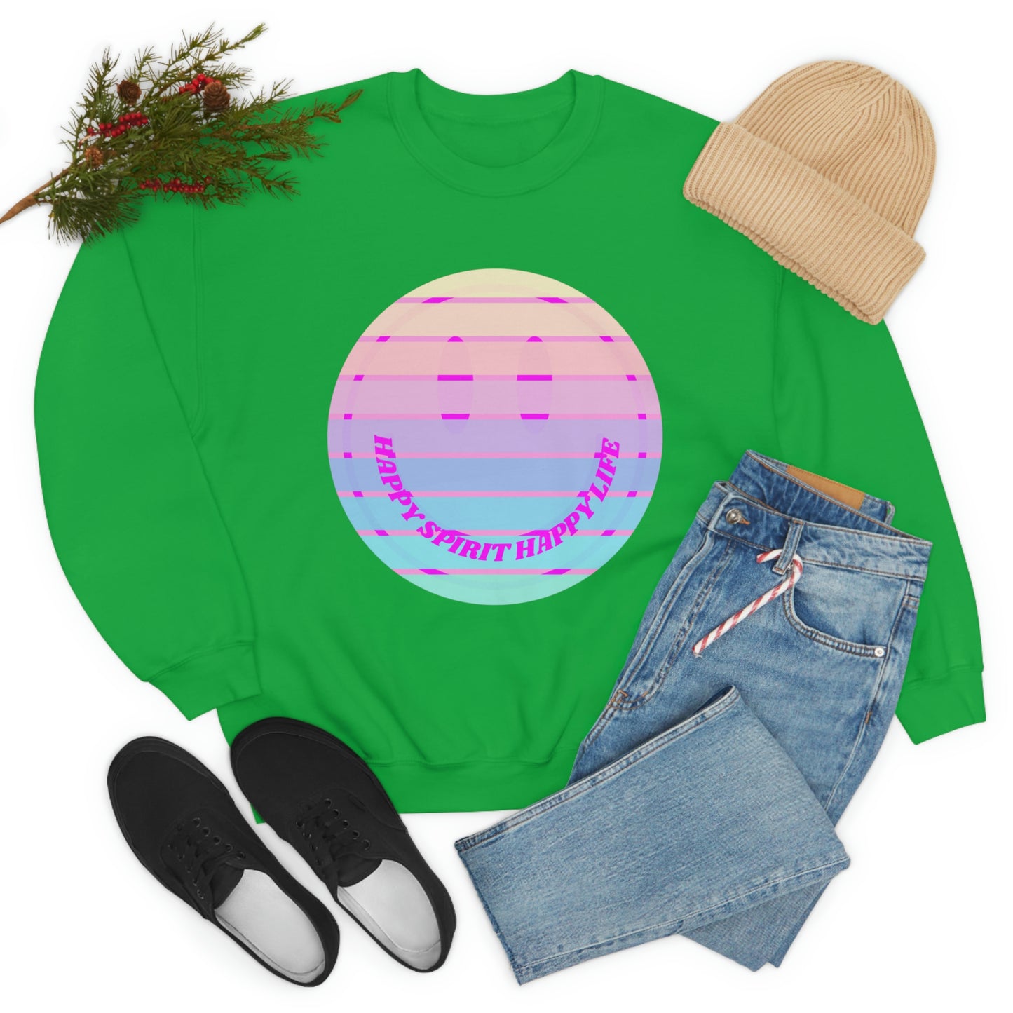 Happy Spirit Happy Life Sweatshirt, VSCO Girl Crewneck, Oversized Retro Font Graphic Tumblr, Front Print Smile Face Trendy Cover Up