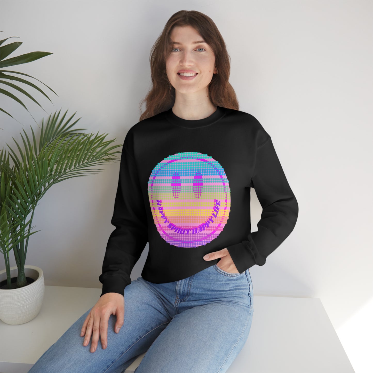 Happy Spirit Happy Life Sweatshirt, VSCO Girl Crewneck, Oversized Retro Font Graphic Tumblr, Front Print Smile Face Trendy Cover Up