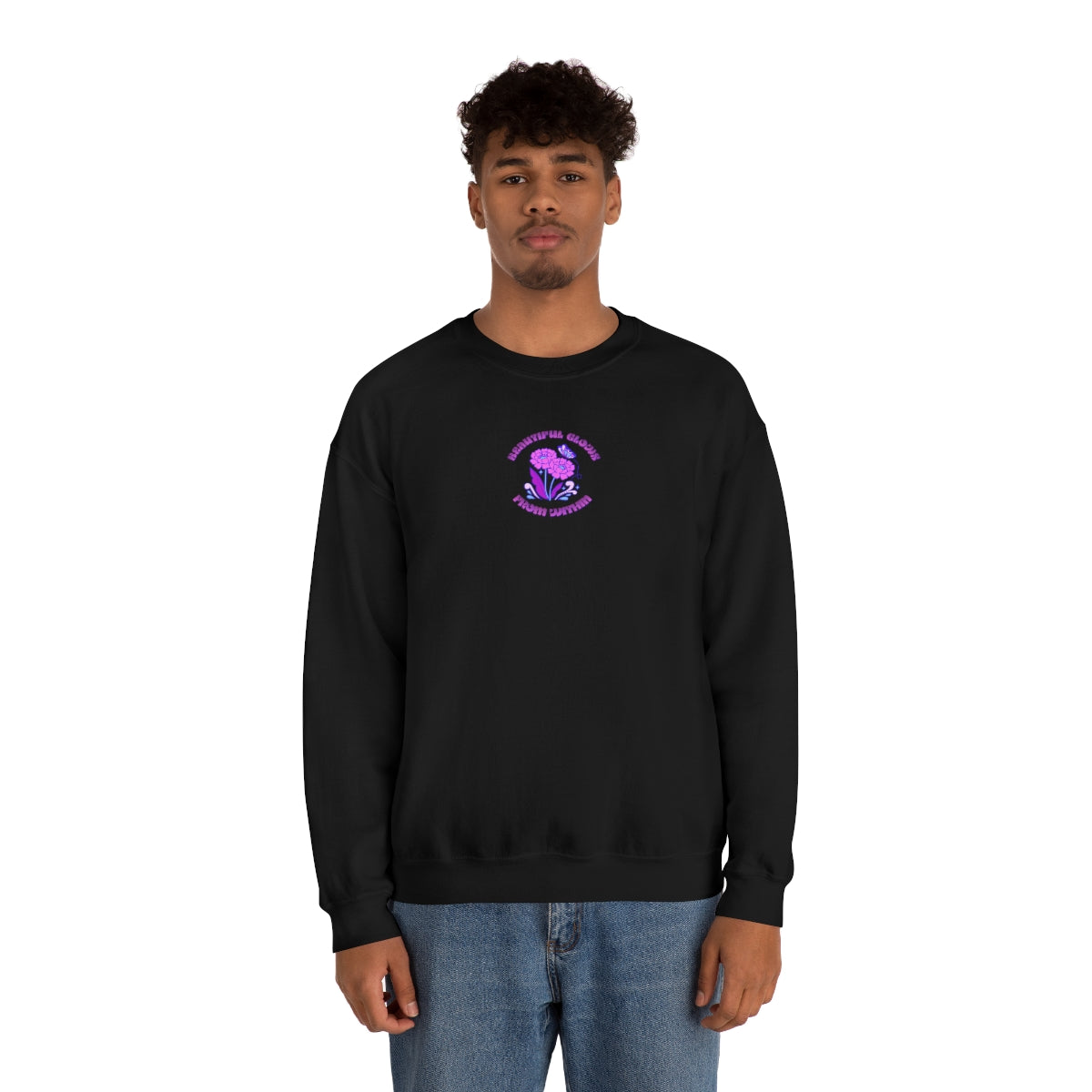 Beautiful Glows from Within Purple Flower Sweatshirt, Oversized Crewneck, Front Back Print Trendy Sweatshirt, Beach Cover Up, Lake Cover Up