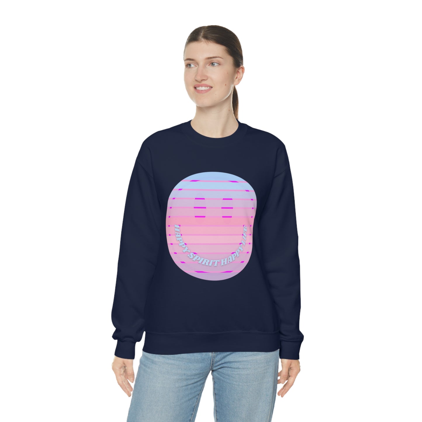 Happy Spirit Happy Life Sweatshirt, VSCO Girl Crewneck, Oversized Retro Font Graphic Tumblr, Front Print Smile Face Trendy Cover Up